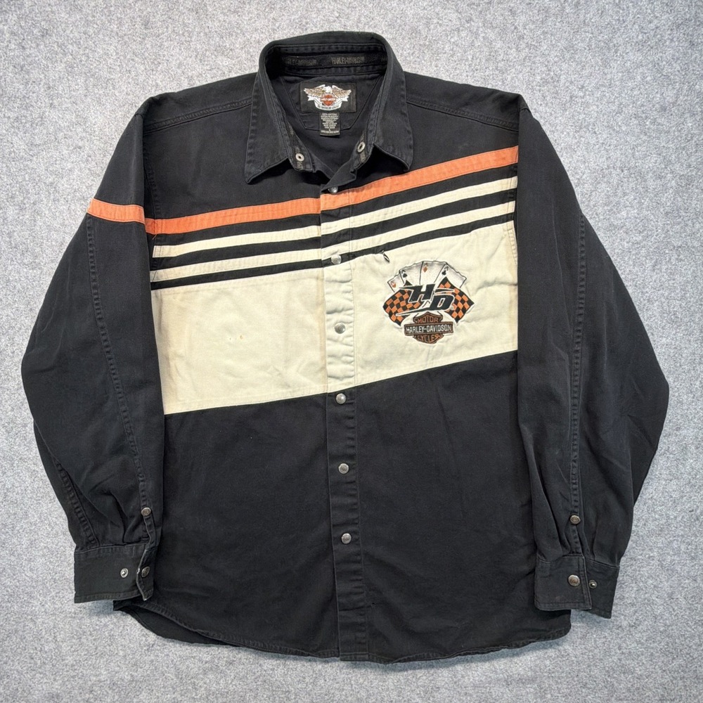 Vtg Harley Davidson Motorcycle Snap Button Up Shirt Aces 4 of a Kind Large